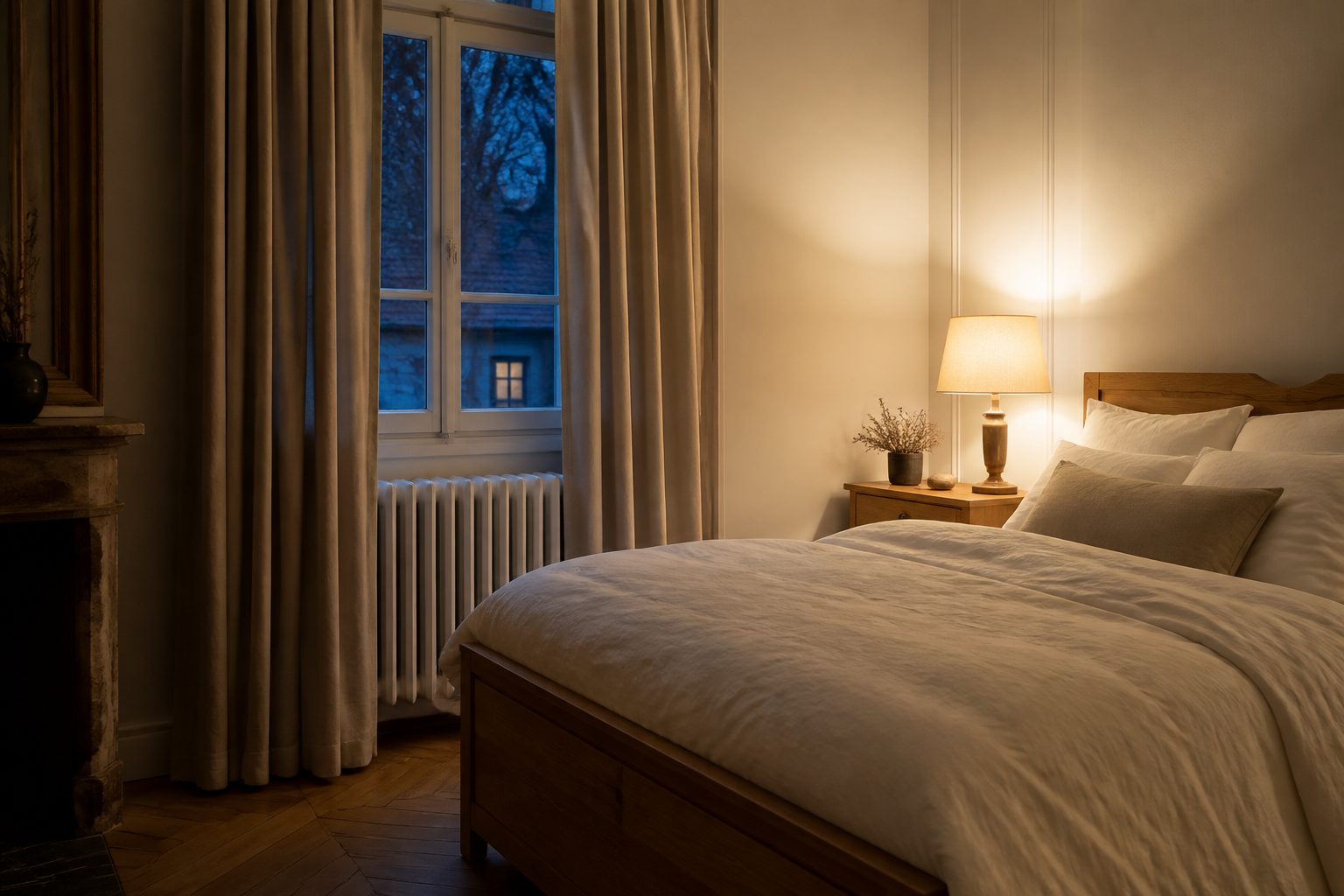 Chambre française sobre la nuit avec un radiateur sous la fenêtre et une couette épaisse