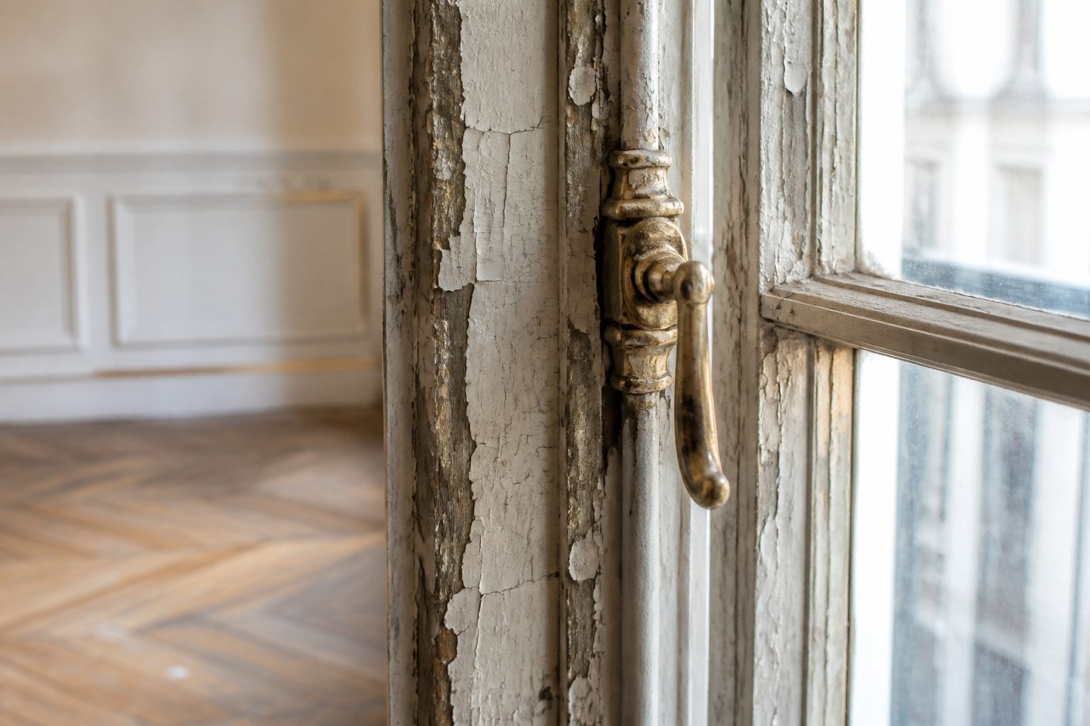 Ancienne fenêtre en bois d'un logement d'avant-guerre dont la peinture s'écaille par plaques