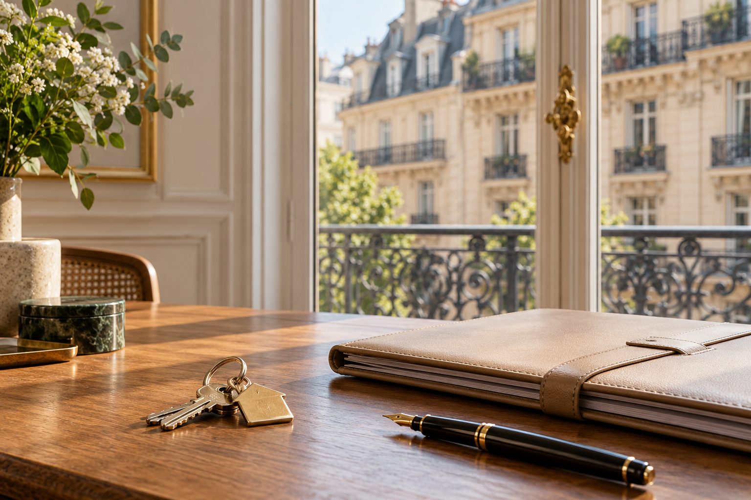 Trousseau de clés, dossier fermé et stylo posés sur un bureau en bois face à la façade d'un immeuble ancien