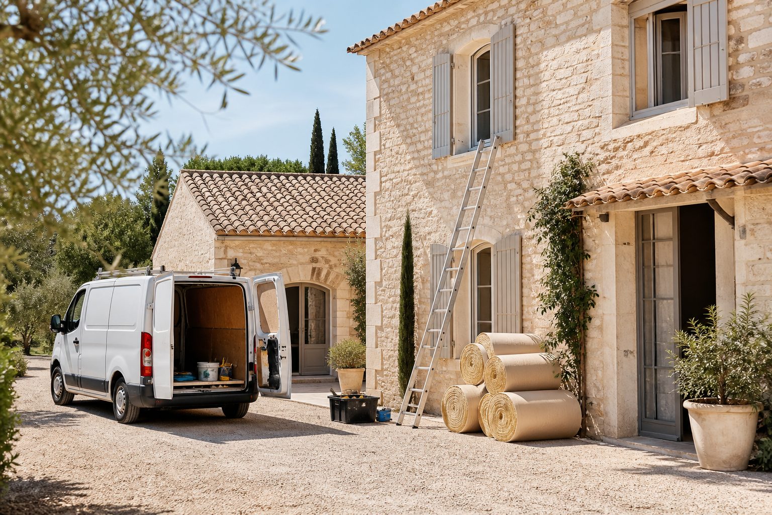 Camionnette d'artisan devant une maison méditerranéenne en cours de rénovation à Montpellier