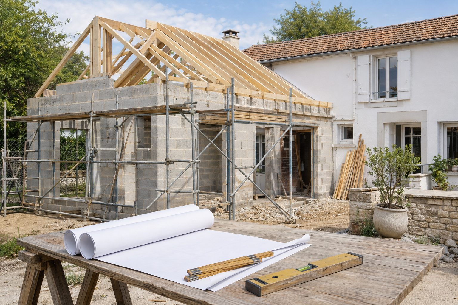 Chantier d'extension de maison avec charpente neuve et plans posés sur une table de travail