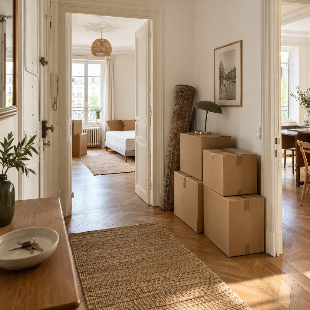 Couloir d'un appartement en colocation avec des cartons de déménagement et un trousseau de clés posé sur une console