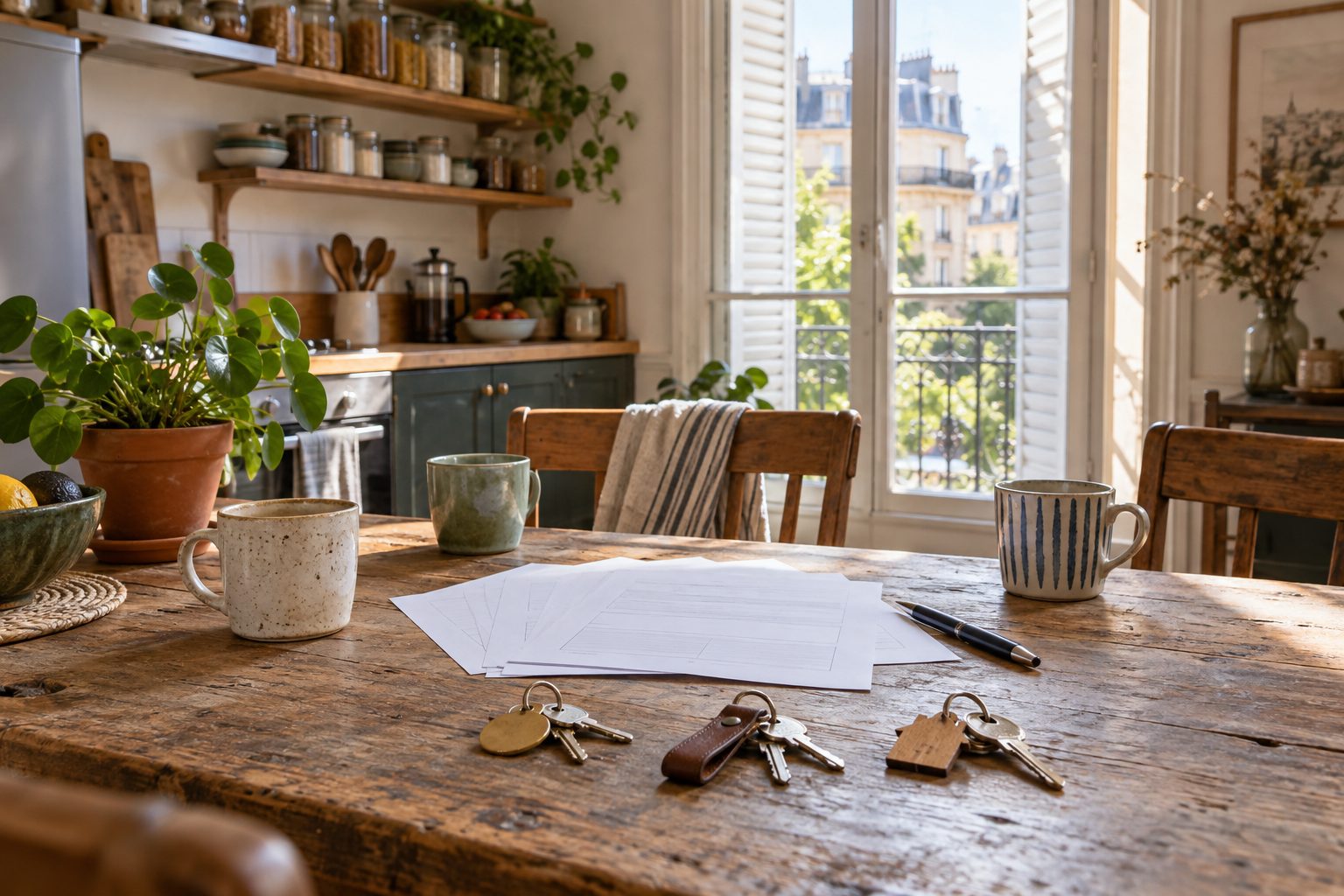 Table de cuisine d'une colocation avec un bail, trois trousseaux de clés et des tasses dépareillées