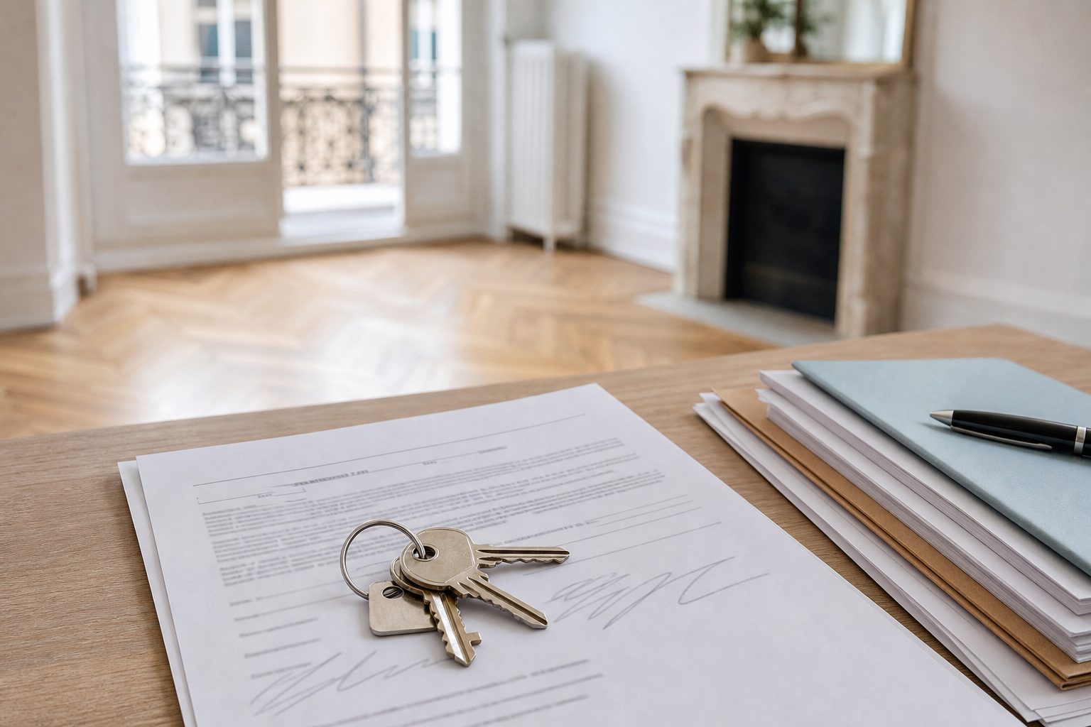 Trousseau de clés posé sur un contrat de location dans un appartement lumineux