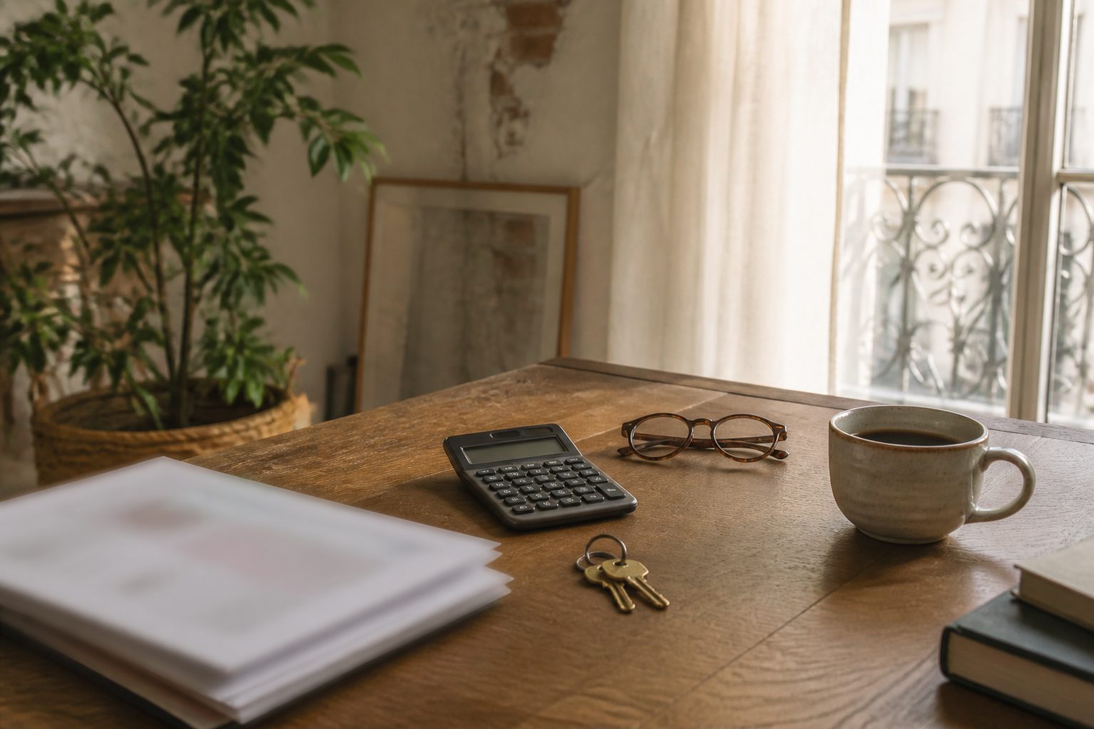 Bureau d'un propriétaire bailleur avec un trousseau de clés, une calculatrice et des papiers de location