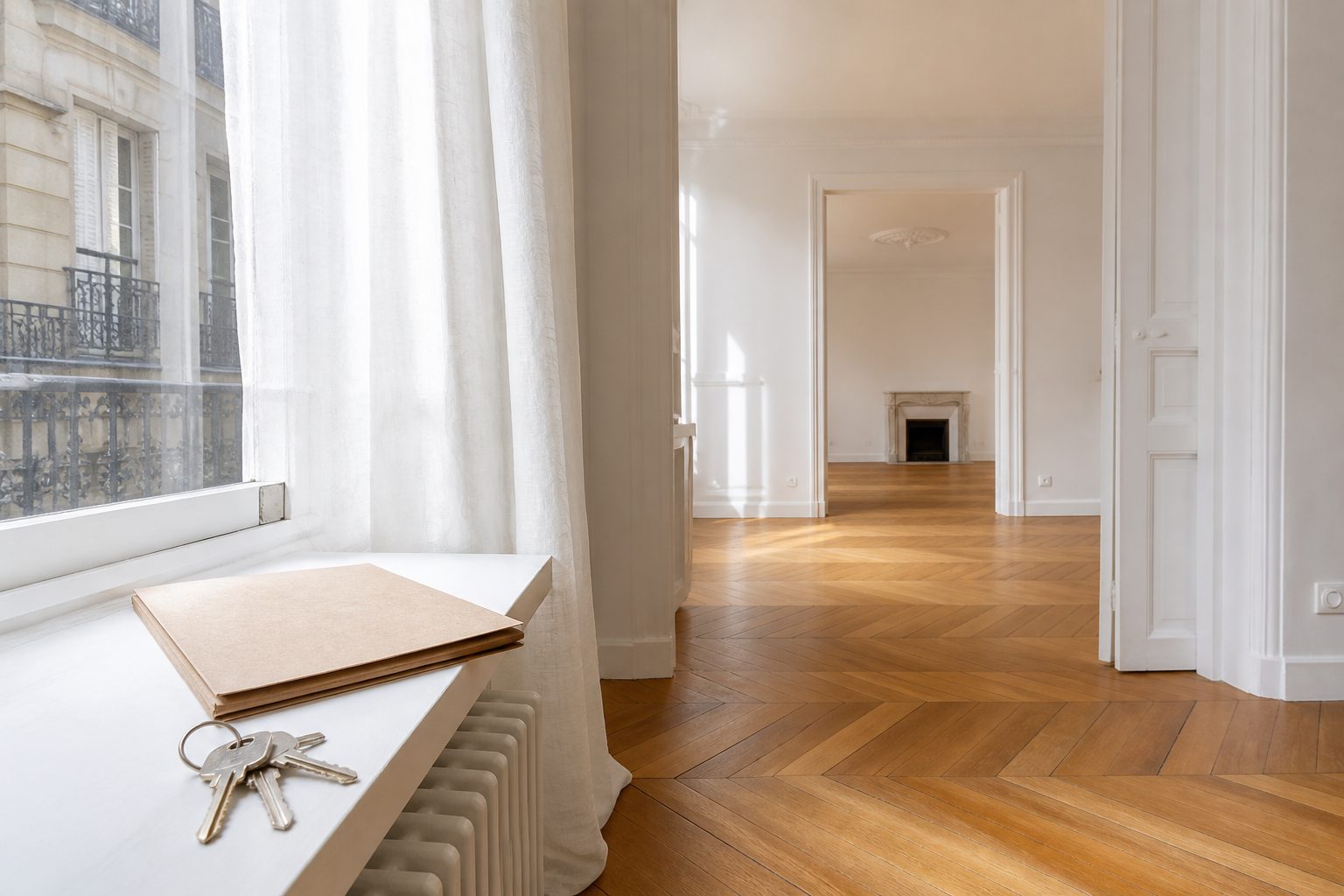Clés et dossier posés sur le rebord de fenêtre d'un appartement lumineux et vide