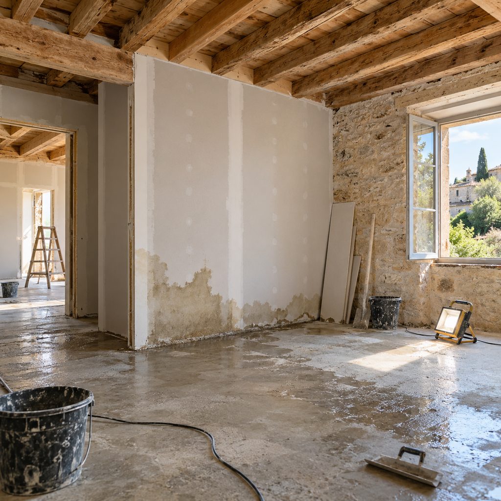 Cloisons en plaques de plâtre neuves tachées par une fuite d'eau sur un chantier de rénovation