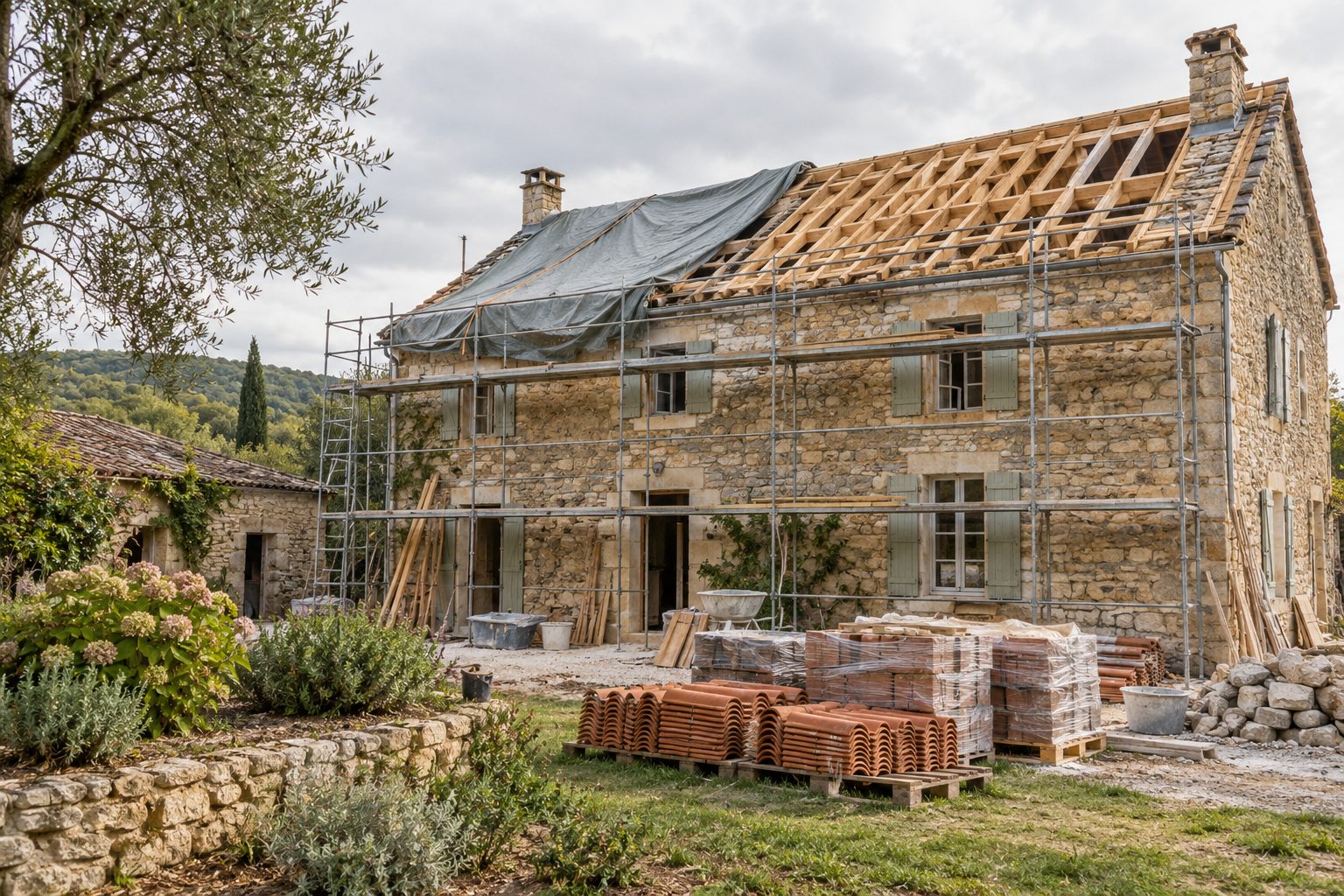 Maison ancienne en pleine rénovation, toiture en partie déposée et échafaudage le long de la façade