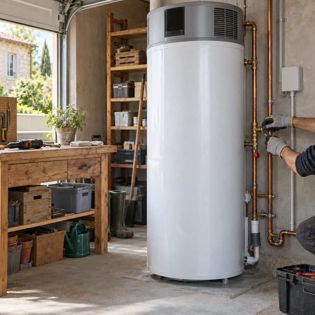 Ballon thermodynamique installé dans un garage non chauffé, raccordé aux arrivées d'eau