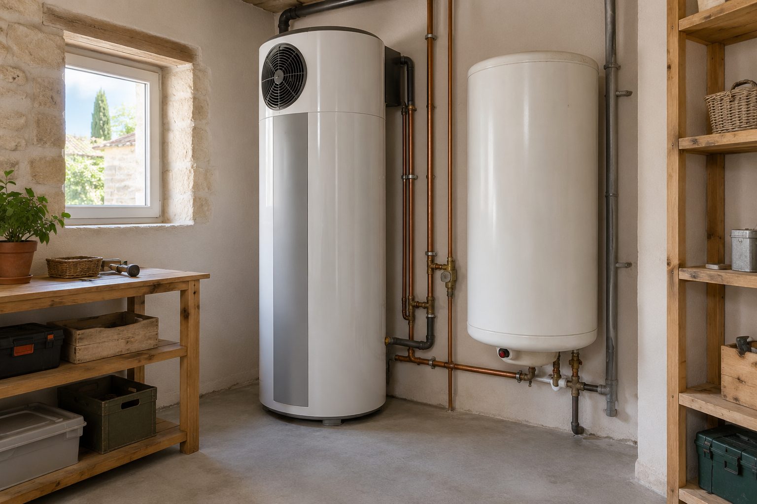 Ballon thermodynamique moderne installé à côté d'un ancien chauffe-eau électrique dans le cellier d'une maison
