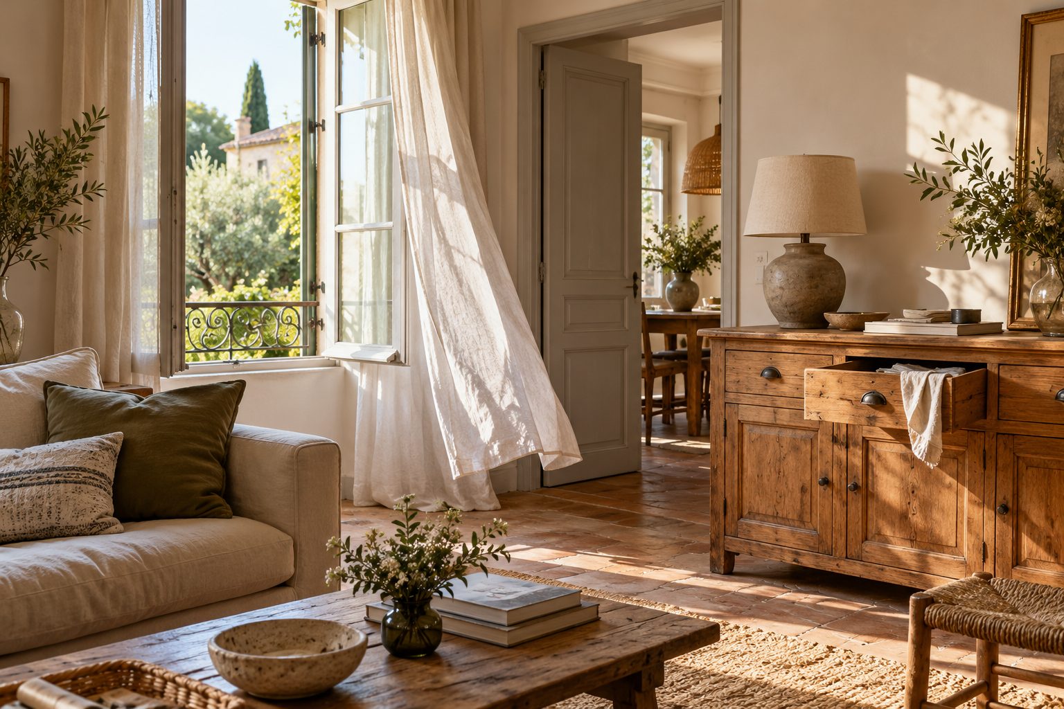 Fenêtre entrouverte d'une maison française avec un salon en désordre après un vol, lumière du matin