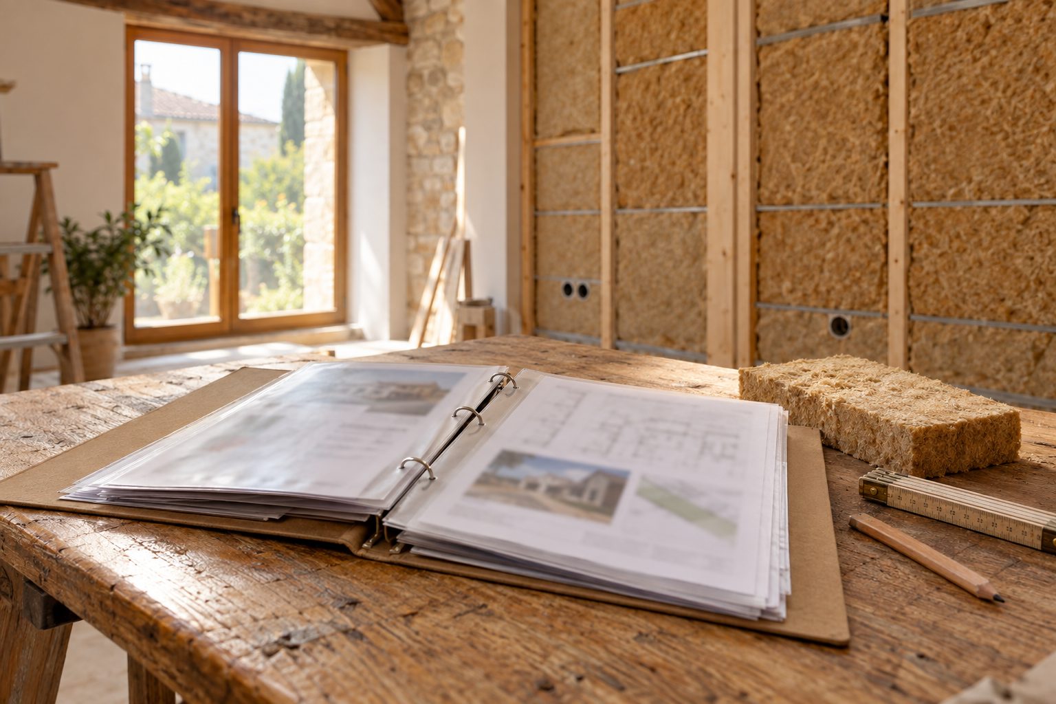 Classeur de documents de chantier posé sur une table en bois dans une maison en cours de rénovation