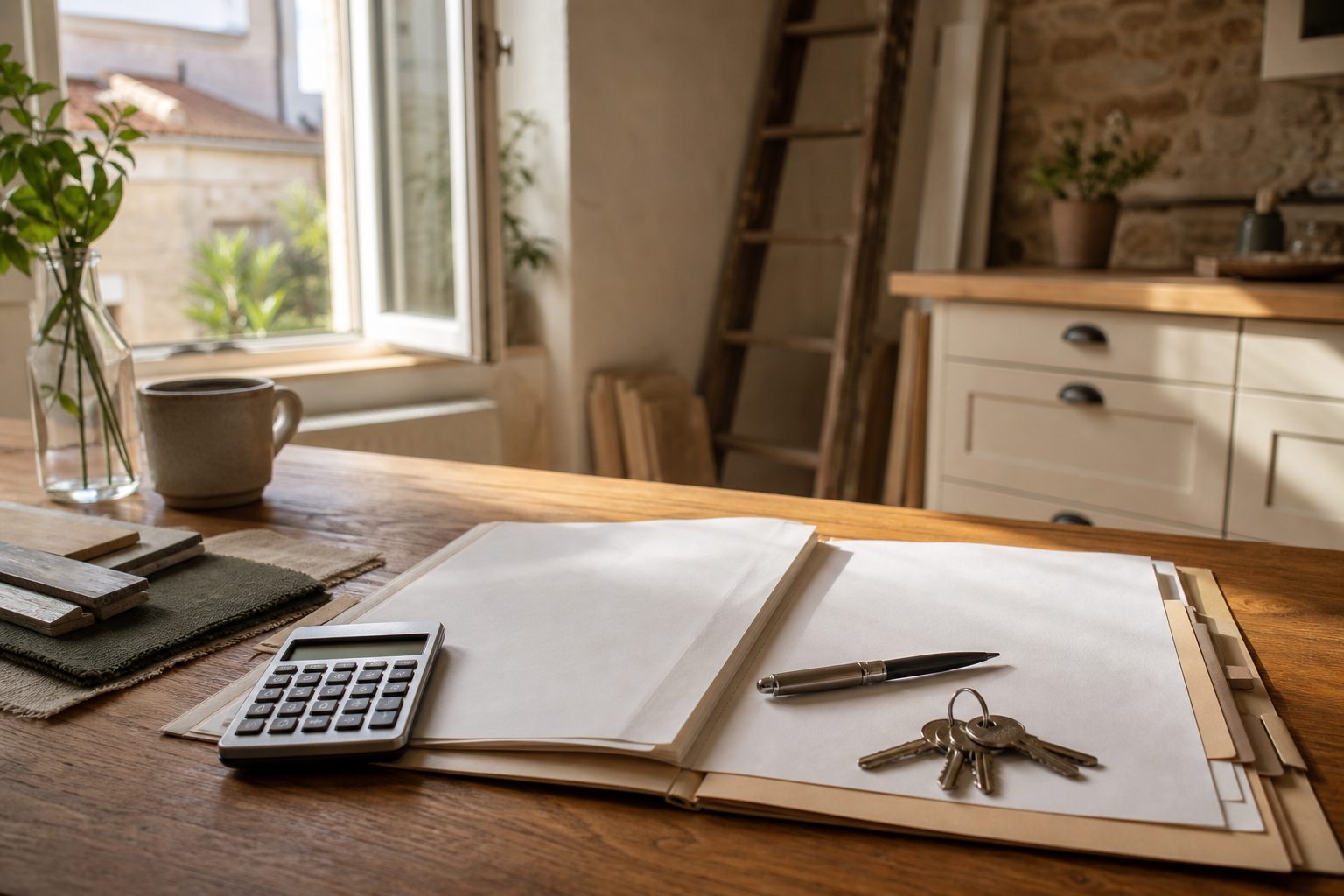 Dossier de prêt immobilier, calculatrice et clés de maison posés sur une table en bois près d'une fenêtre