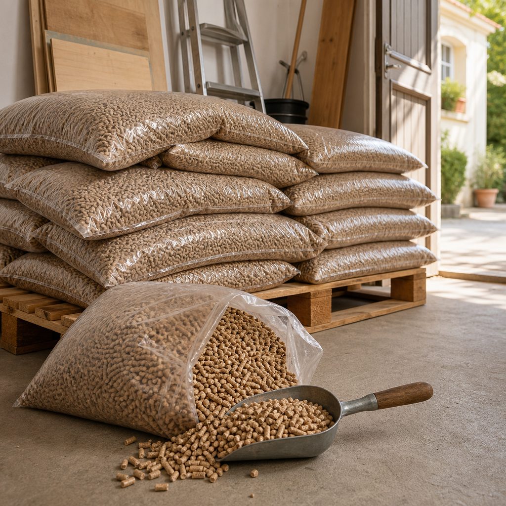 Palette de sacs de granulés de bois stockée dans un garage