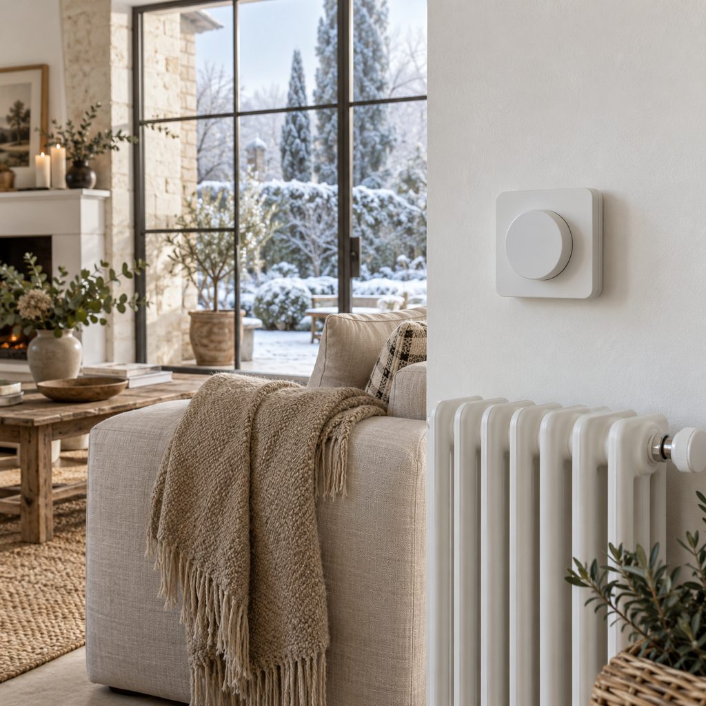 Thermostat d'ambiance fixé au mur près d'un radiateur dans un salon en hiver