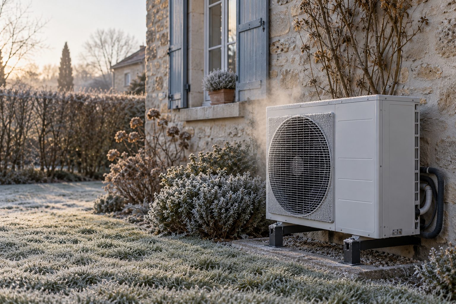 Unité extérieure d'une pompe à chaleur air-eau devant une maison un matin de gel