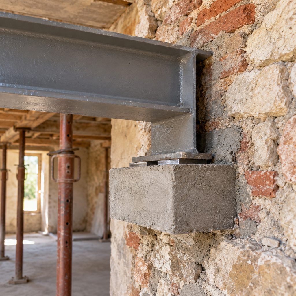 Extrémité d'une poutre acier posée sur un sommier en béton coulé dans le mur existant