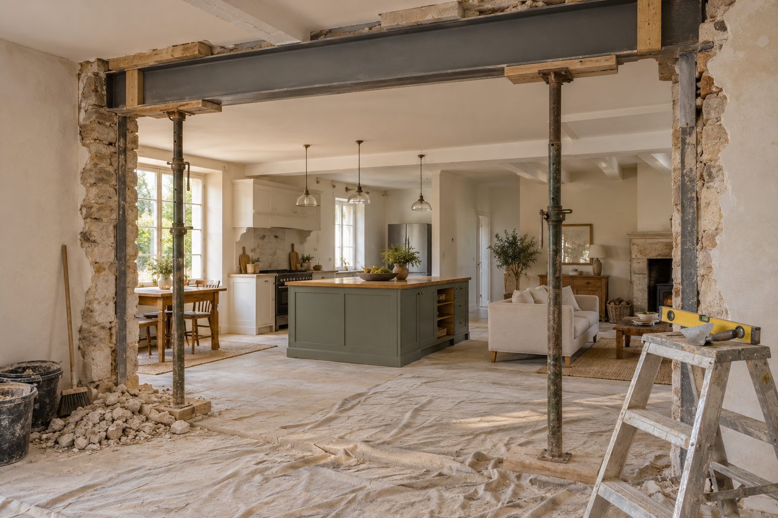 Ouverture entre une cuisine et un salon en chantier, poutre acier posée sur des étais au-dessus du mur démoli
