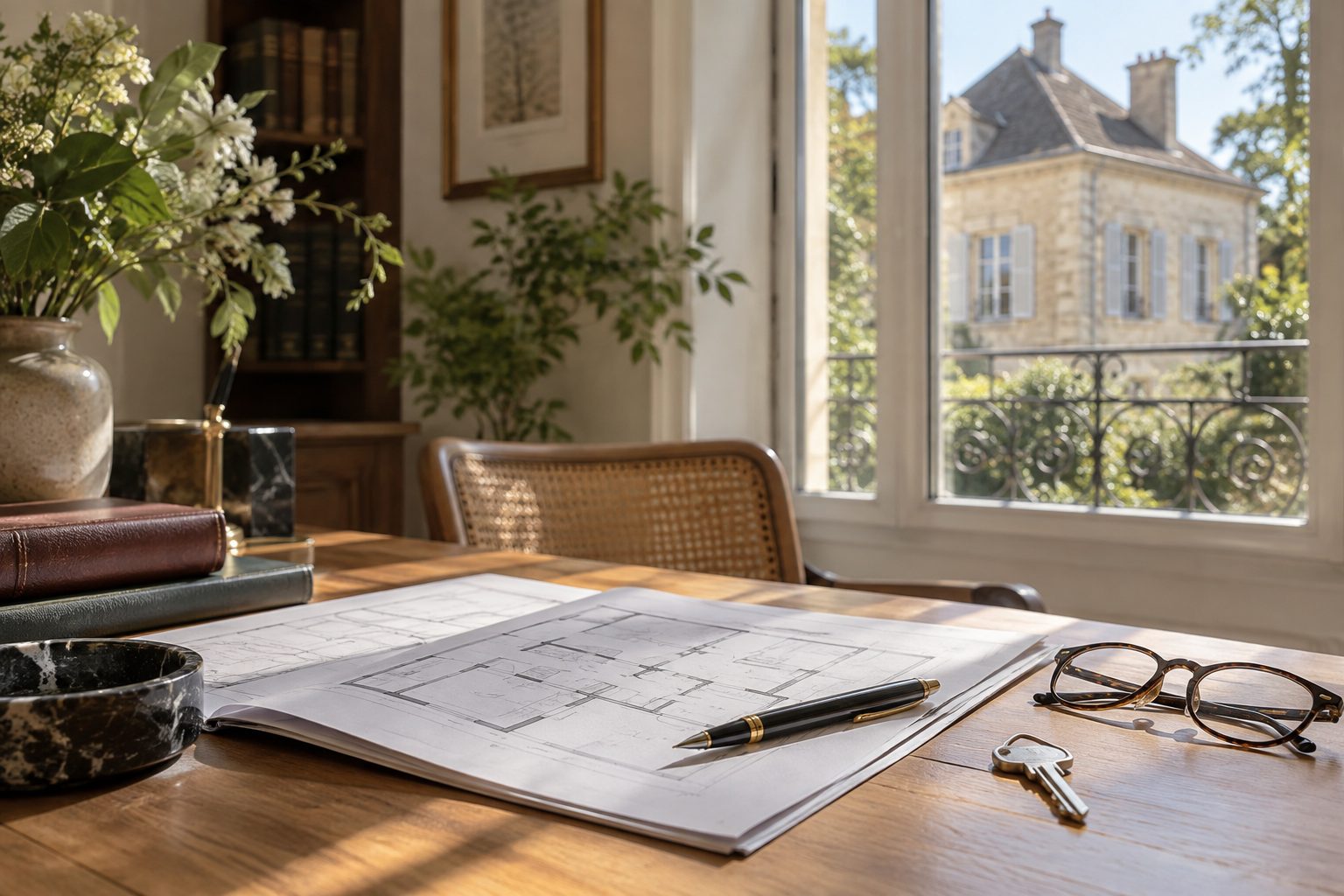 Bureau d'étude notariale avec dossier immobilier et plan de maison posés sur la table