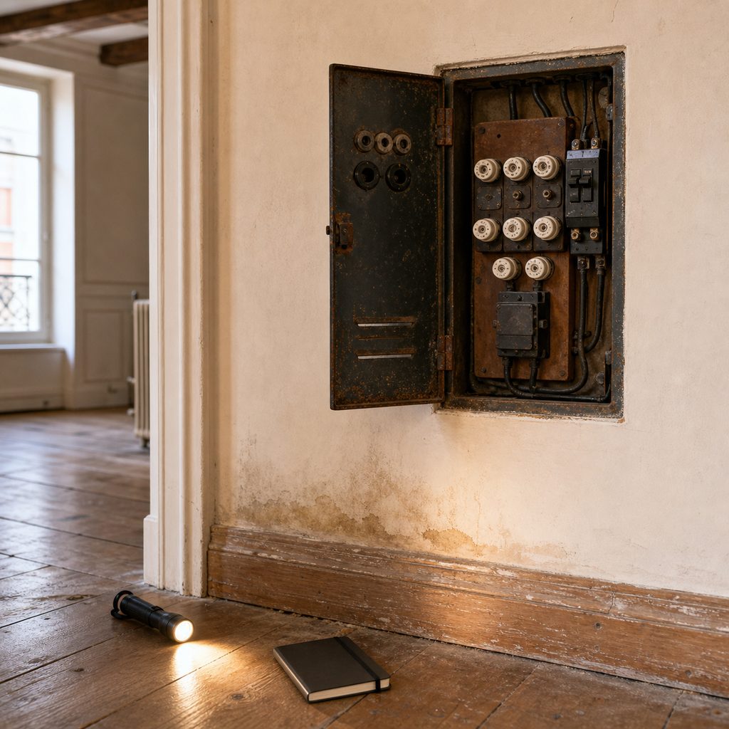 Tableau électrique ancien ouvert et trace d'humidité en bas d'un mur lors d'une contre-visite