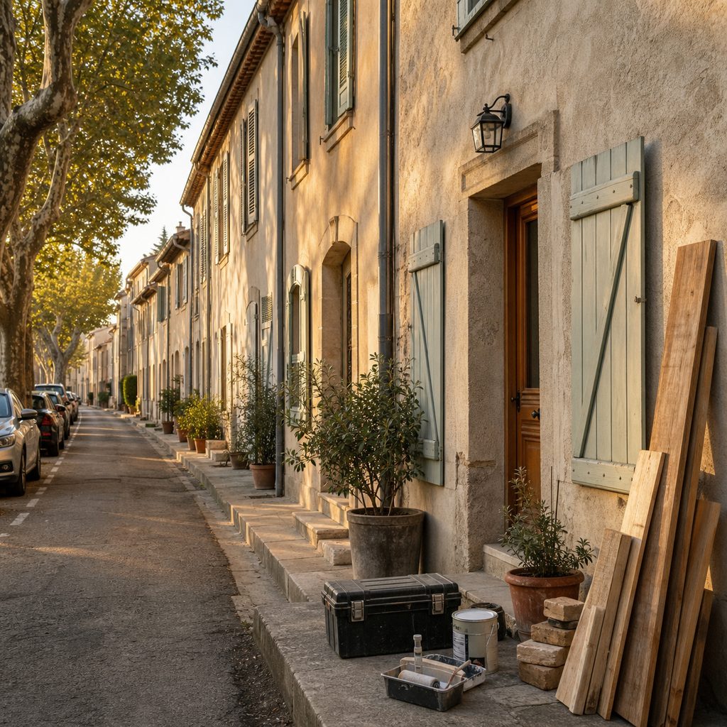 Rue résidentielle française en fin de journée, façades de maisons et voitures stationnées