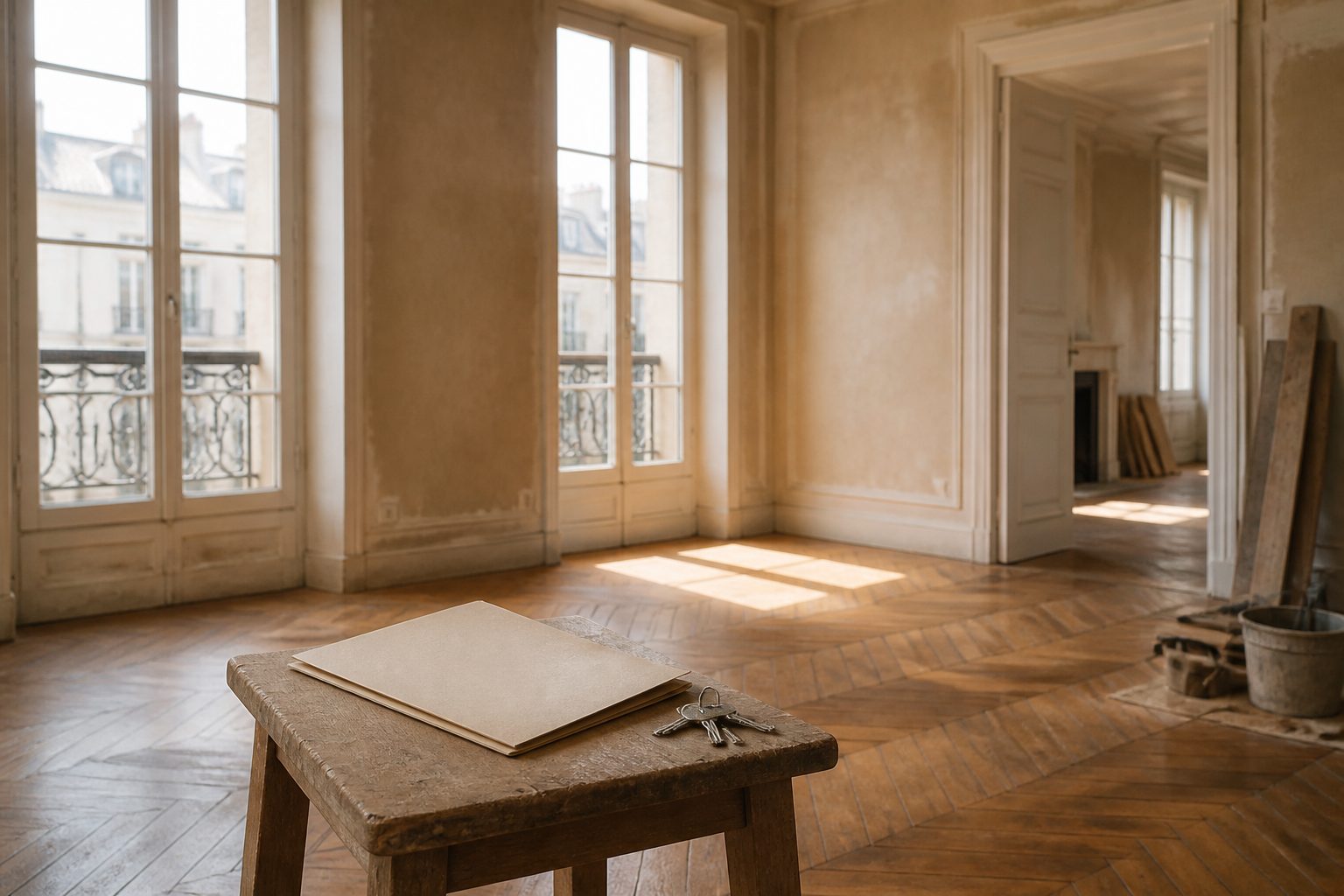 Couple visitant le salon vide d'une maison ancienne, lumière naturelle par la baie vitrée
