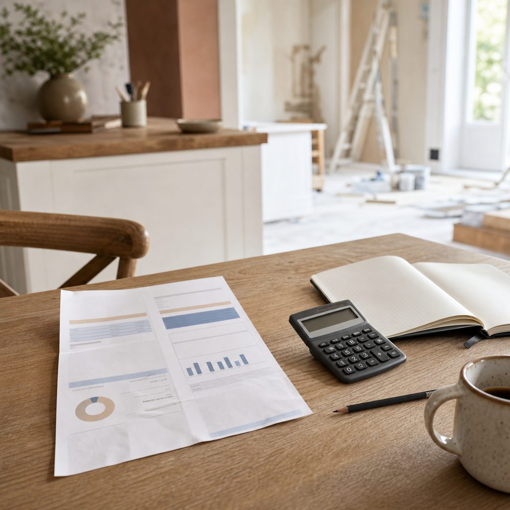 Facture d'électricité annuelle et calculatrice posées sur une table pour estimer le nombre de panneaux solaires