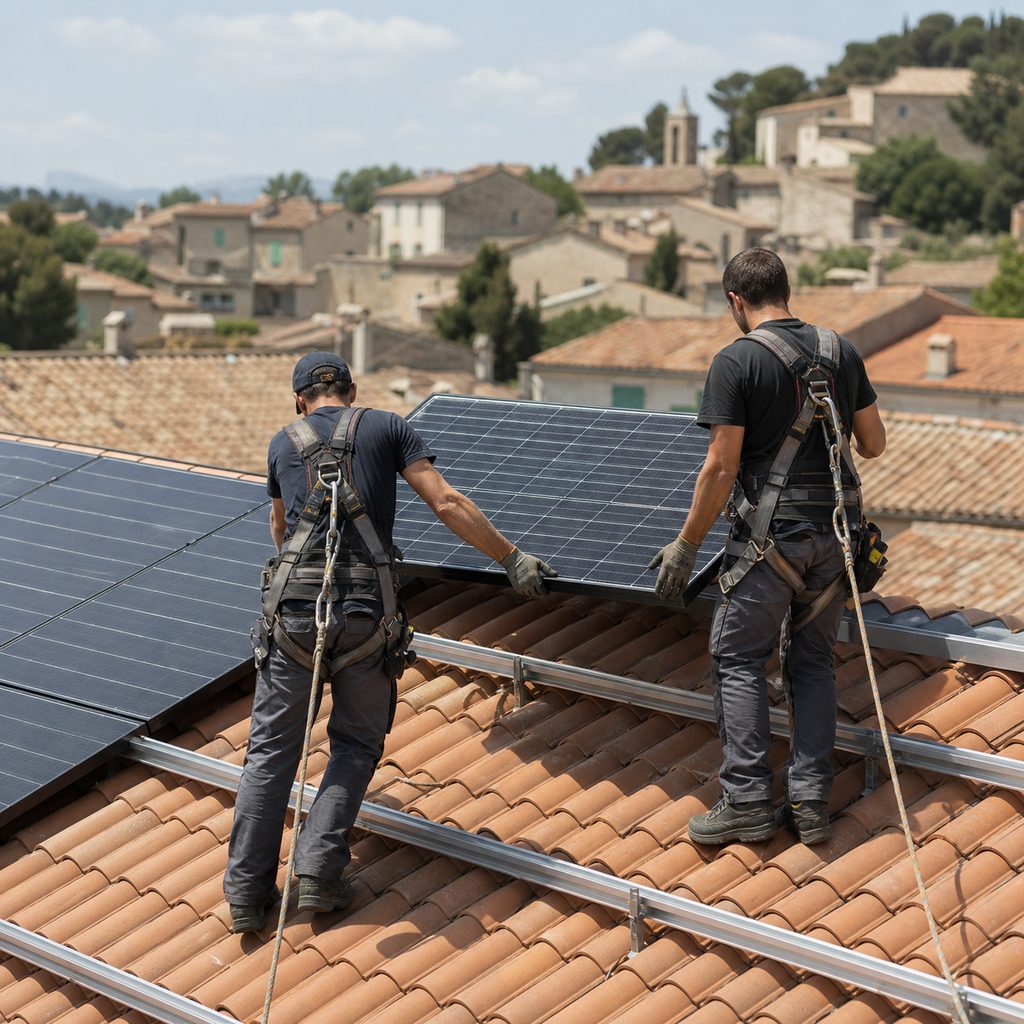 Installateurs posant un panneau solaire sur les rails de fixation d'une toiture en tuiles