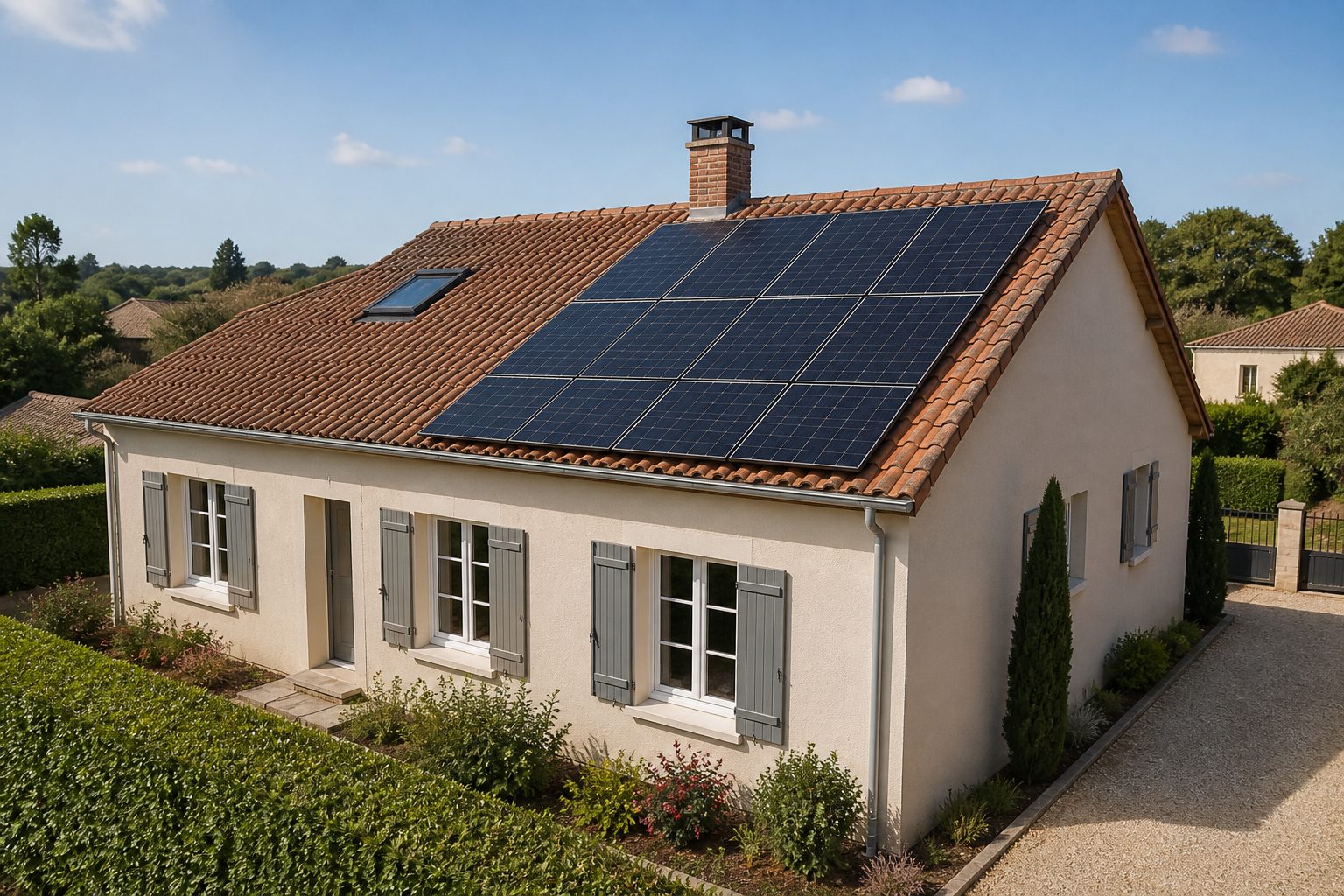 Maison individuelle française avec une rangée de panneaux solaires sur le versant sud de son toit