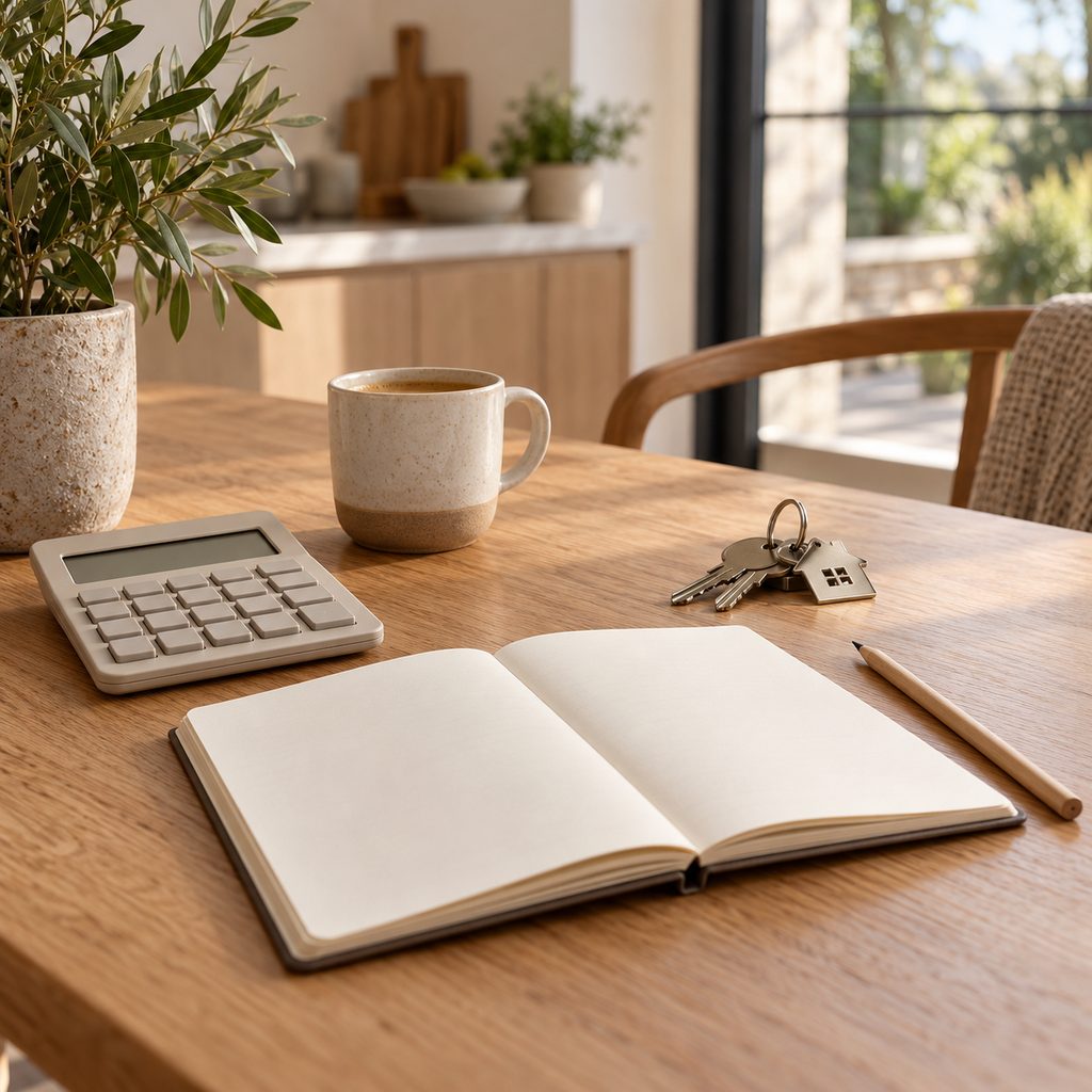 Calculatrice, carnet et trousseau de clés posés sur une table en chêne pour faire ses comptes avant de revendre