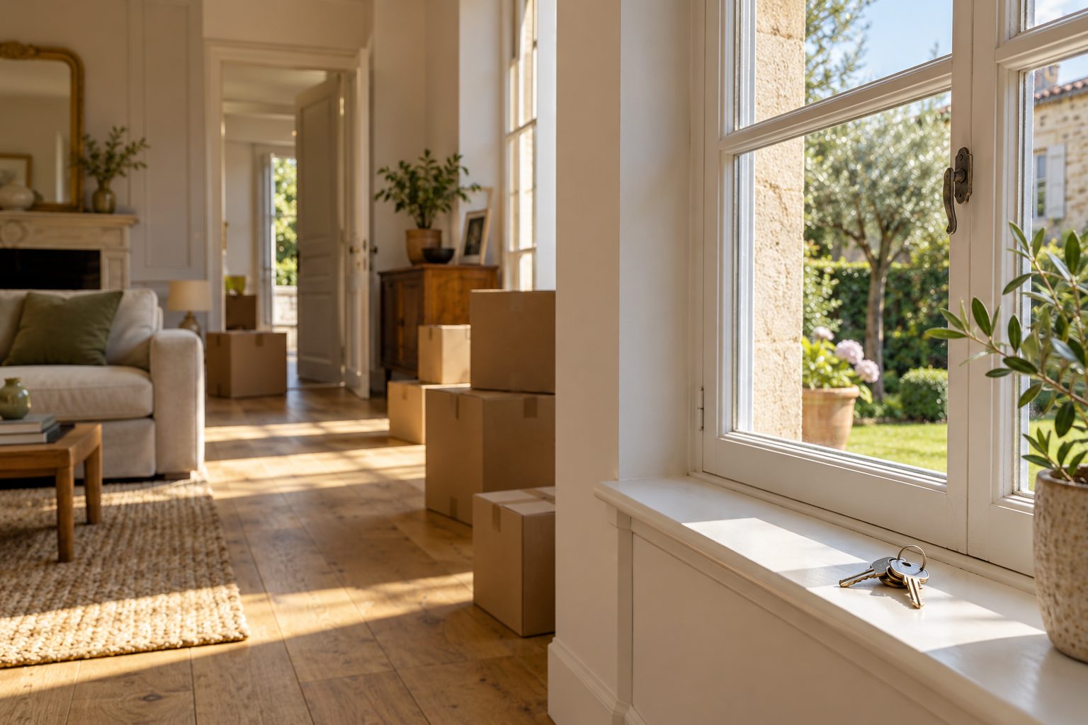 Cartons de déménagement empilés dans le séjour lumineux d'une maison, trousseau de clés posé sur le rebord de la fenêtre