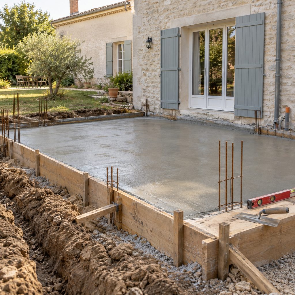 Dalle béton fraîchement coulée pour une extension de maison, avec coffrage en bois