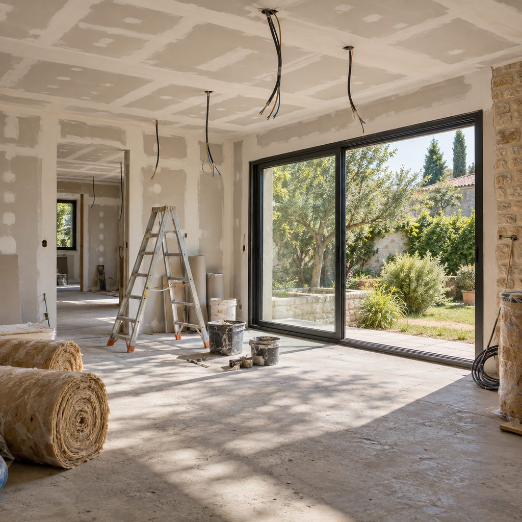 Intérieur d'une extension en phase de second œuvre, plaques de plâtre posées et baie vitrée installée