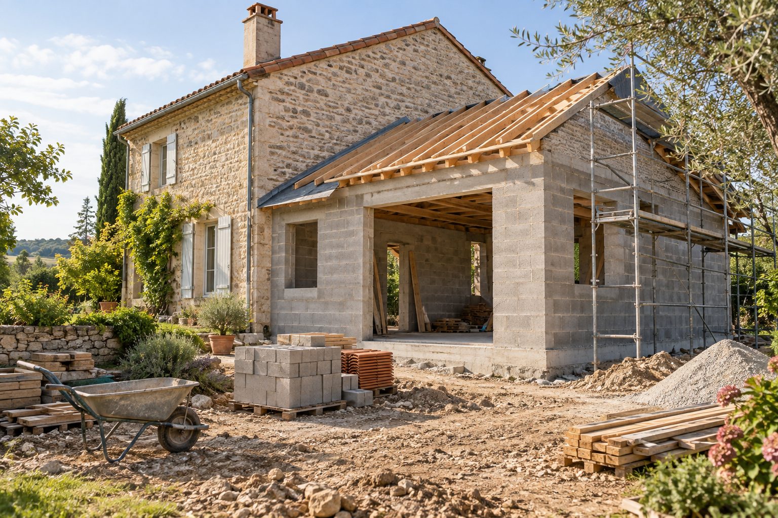 Extension de maison en cours de construction accolée à une maison française en pierre