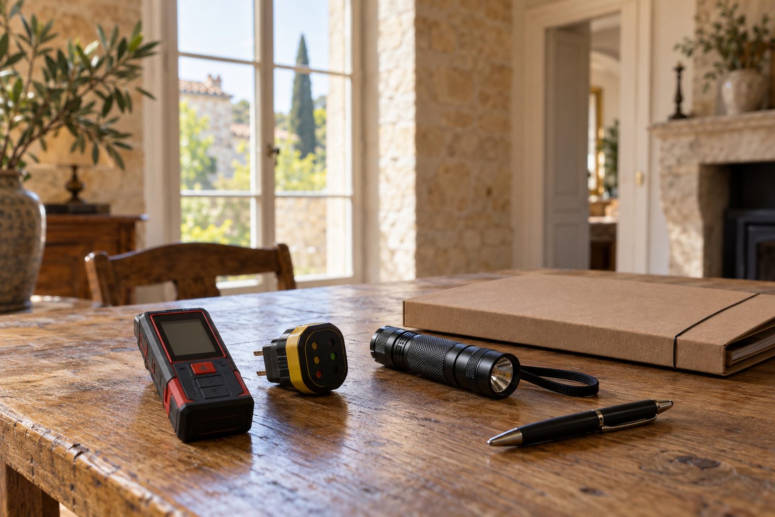Télémètre laser, testeur électrique et dossier d'inspection posés sur une table dans une maison ancienne