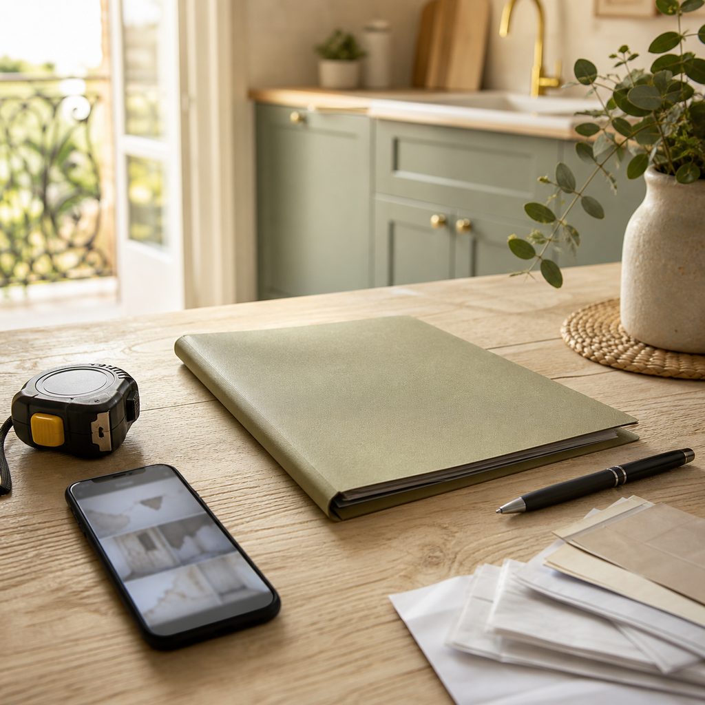 Contrat d'assurance, factures et téléphone rassemblés sur une table pour préparer une déclaration de sinistre