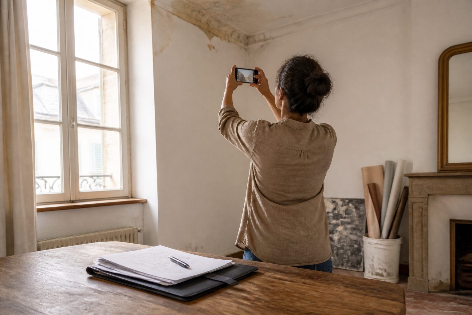 Personne photographiant avec son téléphone un plafond abîmé par une fuite d'eau dans une maison lumineuse