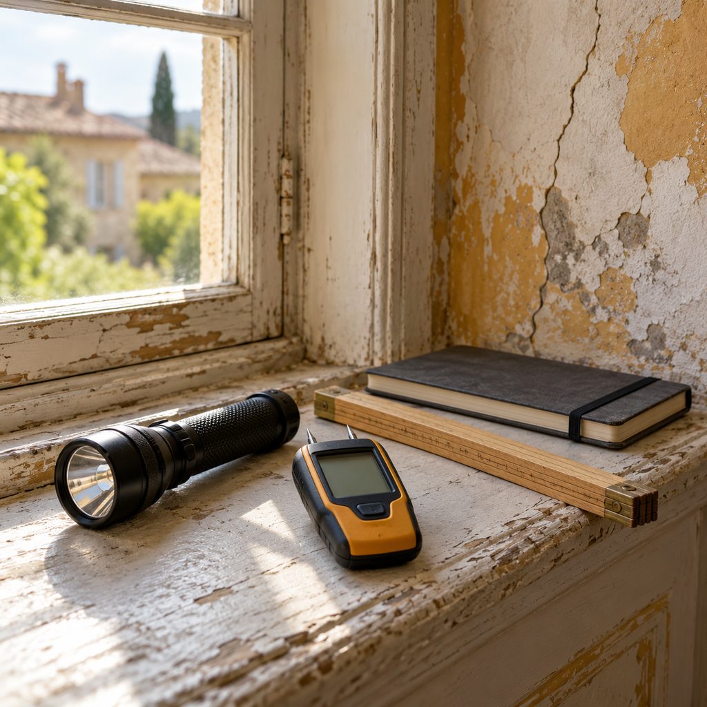 Lampe torche, humidimètre et mètre pliant posés sur un rebord de fenêtre, devant un mur fissuré