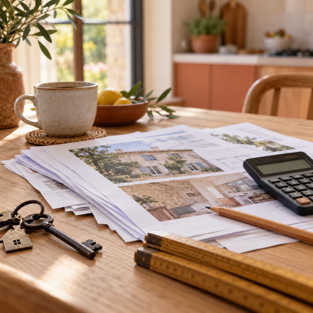 Devis d'artisans, calculatrice et clés anciennes posés sur une table en bois