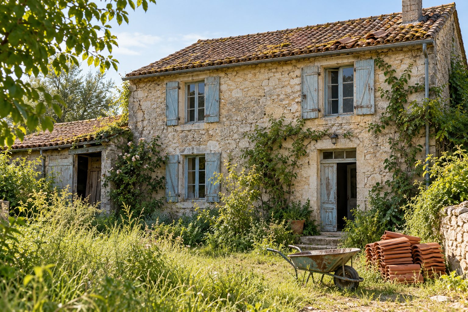 Maison ancienne en pierre à rénover, volets écaillés et jardin en friche, sous la lumière du matin