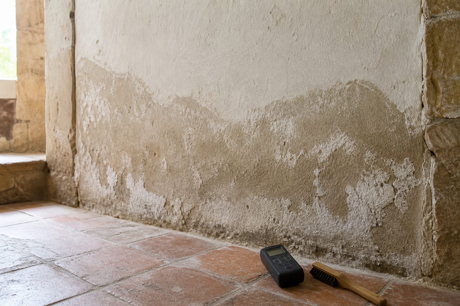 Bas d'un mur en pierre d'une maison ancienne avec auréole d'humidité, enduit qui cloque et traces de salpêtre