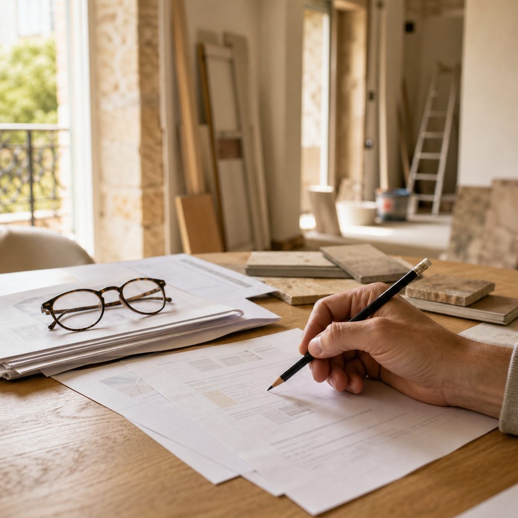 Personne annotant au crayon un document d'assurance posé à côté d'un devis de travaux