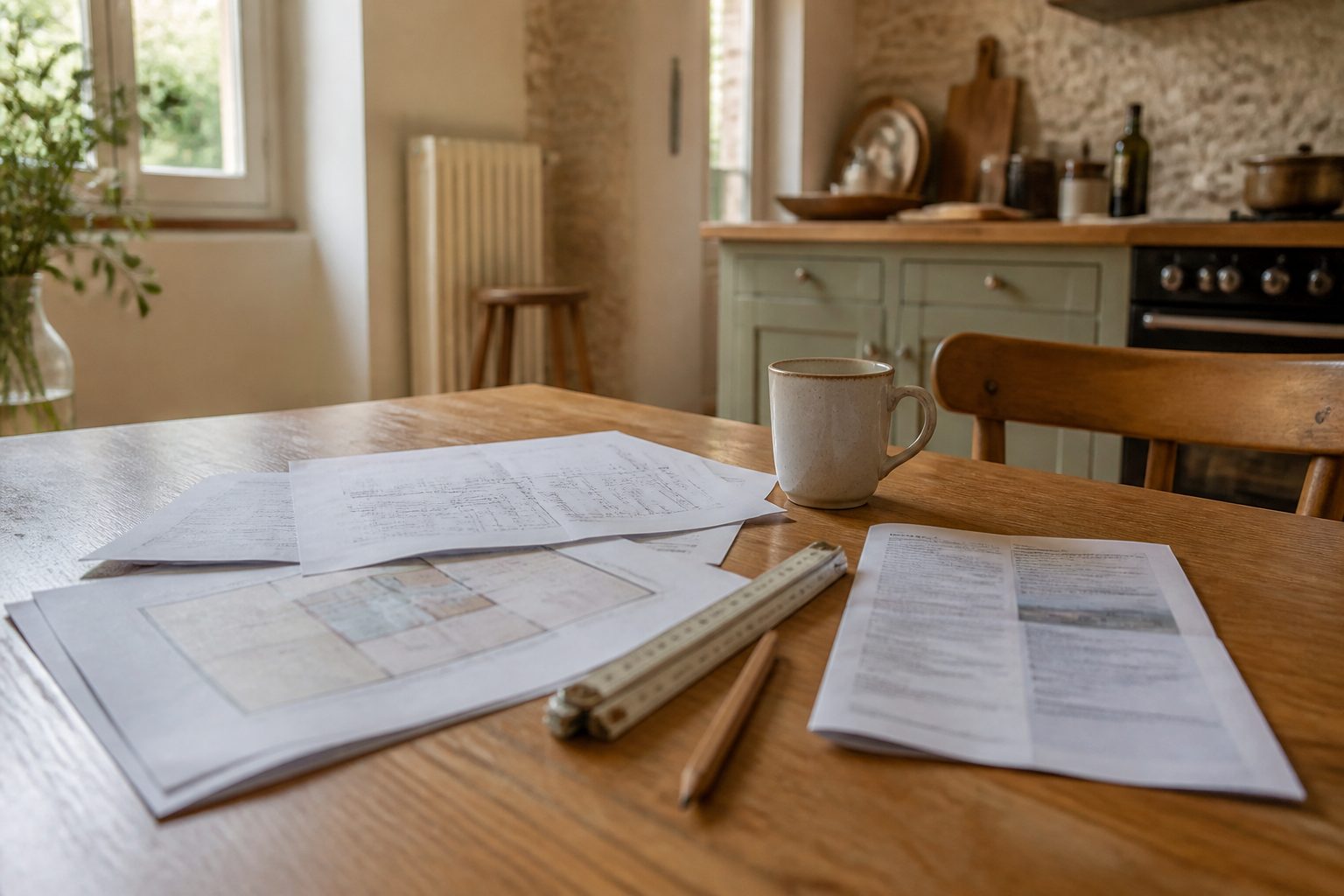 Devis et attestation d'assurance posés sur une table de cuisine avec un mètre ruban et un crayon de chantier