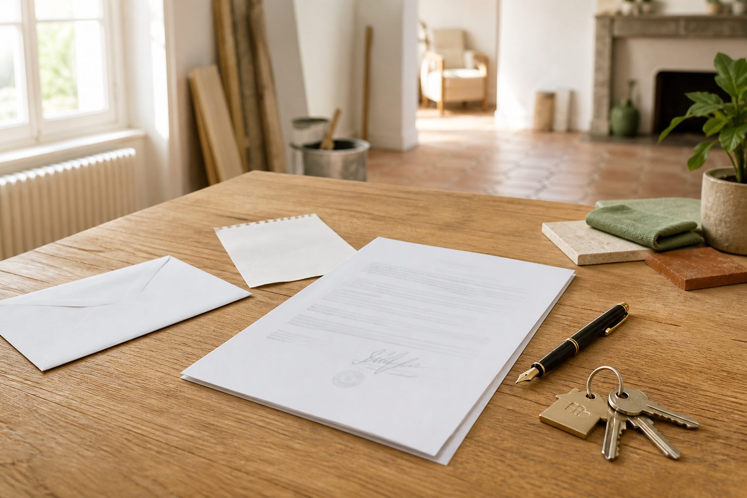 Compromis de vente signé posé sur un bureau, à côté d'un stylo et d'un trousseau de clés de maison