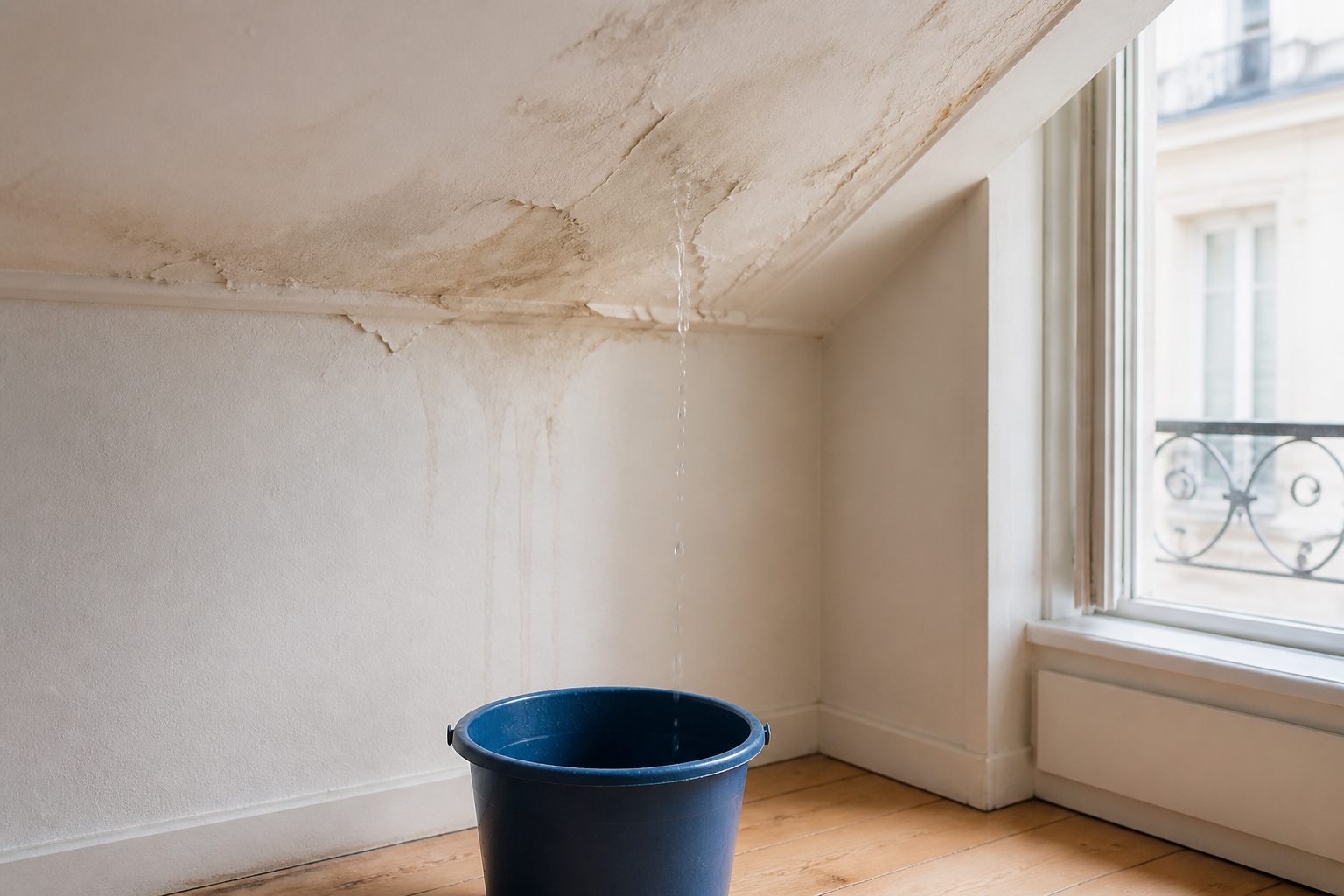 Plafond taché par une infiltration d'eau avec un seau posé au sol dans un appartement
