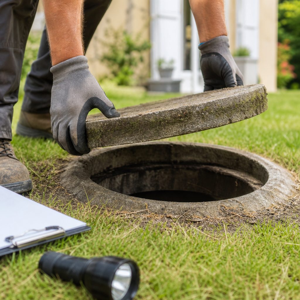 Technicien du SPANC soulevant le couvercle d'une fosse toutes eaux pour contrôler l'installation