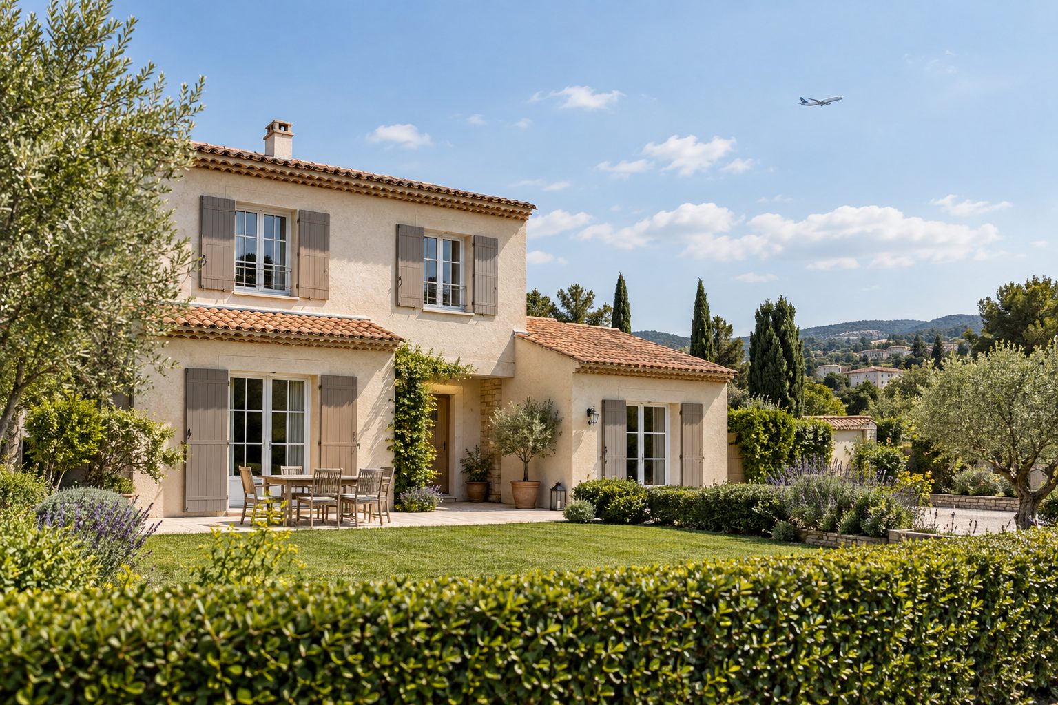 Maison française avec jardin sous un ciel traversé au loin par un avion de ligne