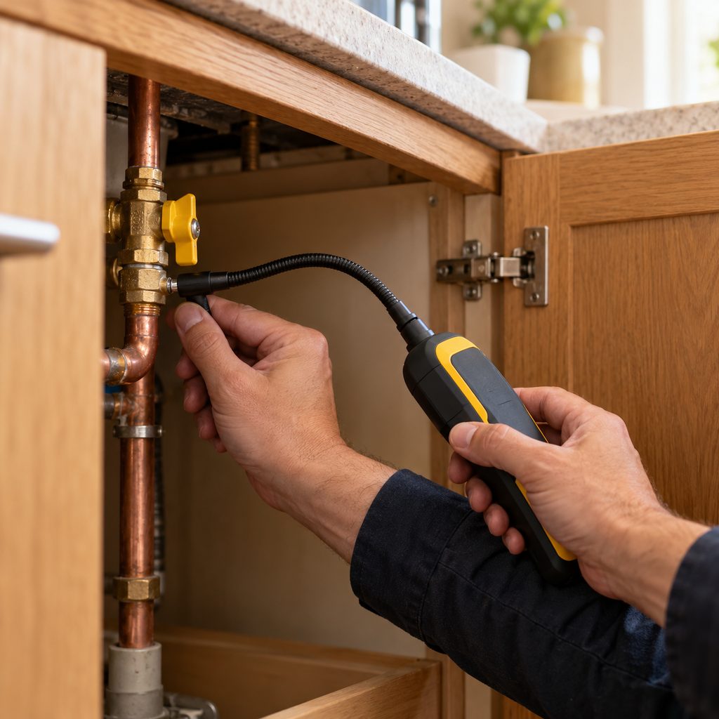 Détecteur de fuite de gaz passé sur un raccord en cuivre sous un plan de travail de cuisine