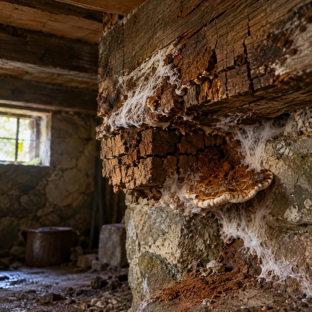 Solive en bois attaquée par la mérule, avec feutrage blanc et fructification brun-roux dans une cave