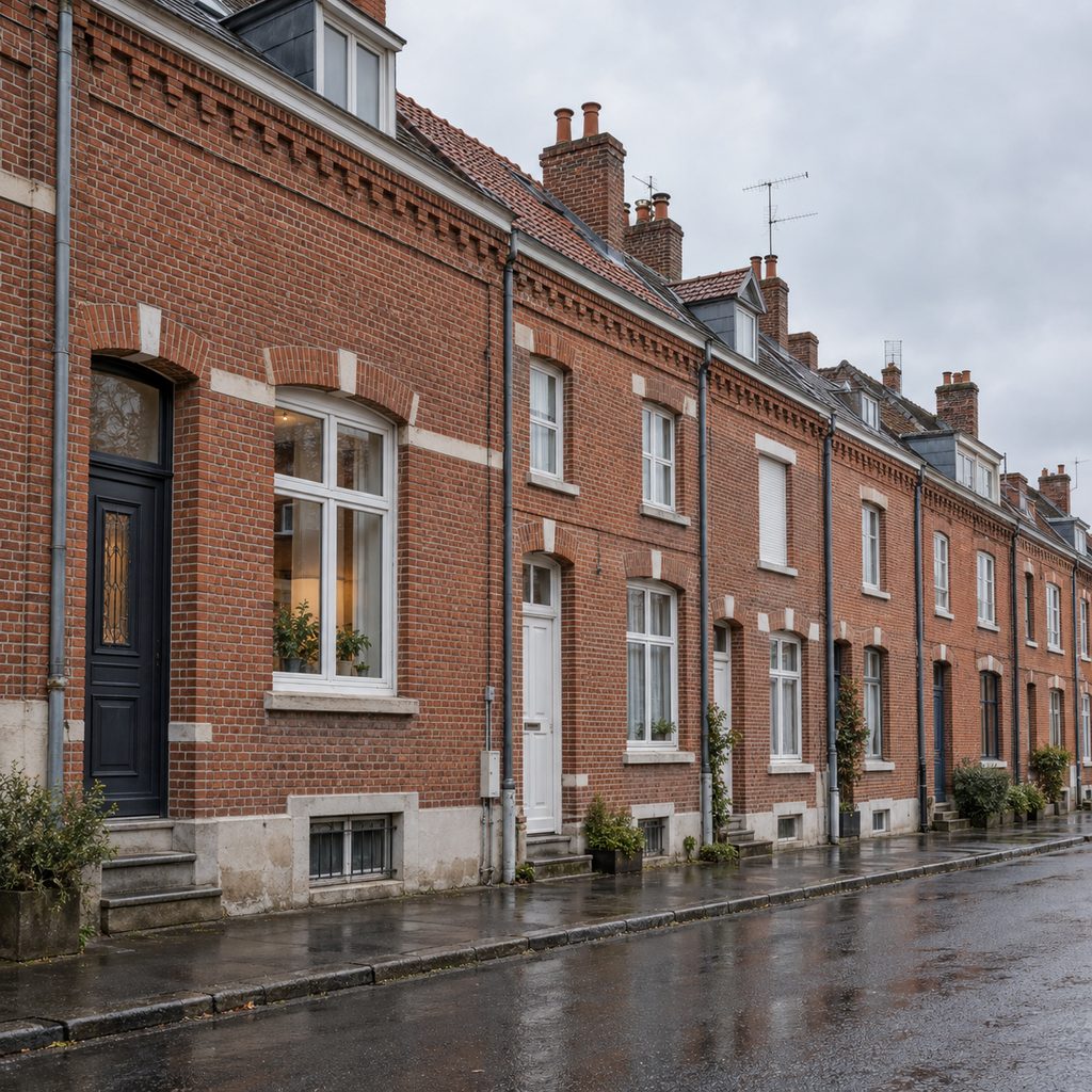 Rangée de maisons de ville en brique rouge typiques du Nord, avec leurs soupiraux de cave